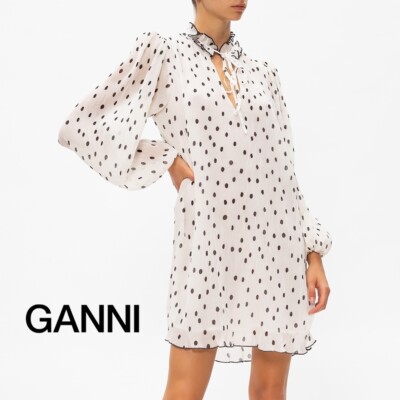 New Ganni White Chiffon Pleated Polka Dot White Dress - Ruffle Neck Detail  EU 38 | eBay