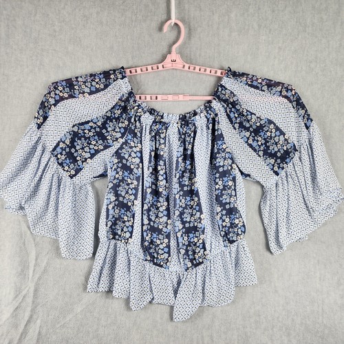 Cato Women Peasant Top 18W 20W Blue Floral Ruffle BOHO Blouse Off The Shoulder - 第 1/11 張圖片