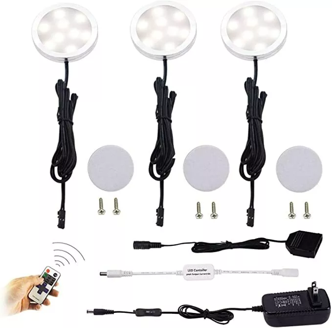 Dimmable LED Under Cabinet Lights 3 Lamps Kit with RF Remote Puck lights