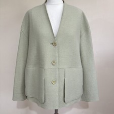 Oska Jacket Size 3 Sage Green V Neck Collarless Boxy Boiled Wool Lagenlook Coat