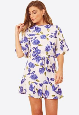 Damen weiß und blau Blumen Rüschensaum Mini ausgestellt Kurzarm Freizeitkleid
