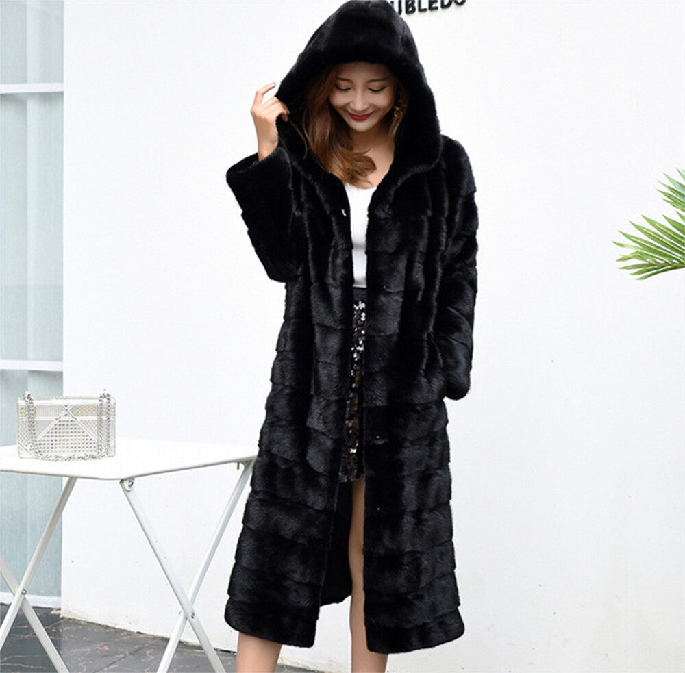 ムートン・ファーコート I AM MARI fakefur hood long coat 4BNY431 Women Winter Faux Fur Coat Medium Long Fur Coat Warm Outdoor