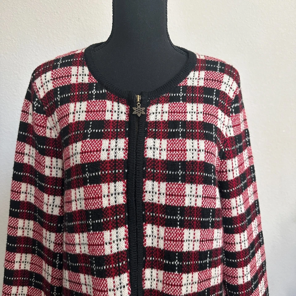 Cárdigan Suéter Appleseeds XL Mezcla de Lana Cuadros Vacaciones Navidad Cremallera Completa Foto 2 de 4