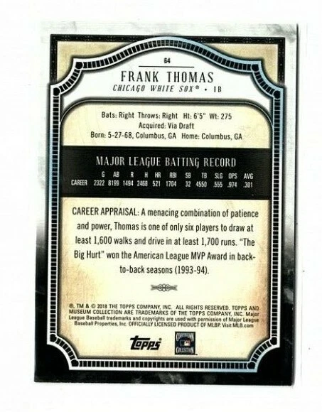 2018 Topps Museum Collection Frank Thomas #64 Chicago White Sox - Image 2 of 2