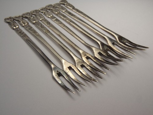 SELTEN ANTIK 925 Mexikanische Silber Oliven Plektren/Cocktail Gabeln Set 8 Figuren/Maya? - Bild 16 von 22