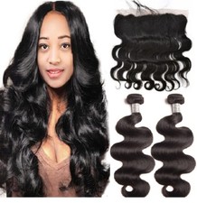 Premium Body Wave 100 Human Hair Natural Black 2 Bundle With 13x4 Lace Frontal