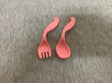 Vintage Plastic Pink Curved Baby Fork & Spoon Set