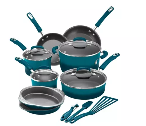 Rachael Ray 15 Piece Nonstick Pots and Pans Set, Marine Blue