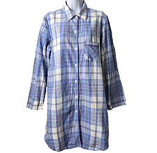 Victoria Secret Country Sleep Shirt M Nightie POCKET Roll Tab Sleeves Blue Plaid