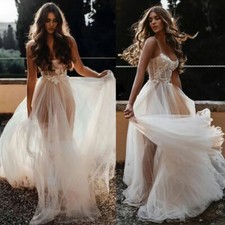 Bohemian Dresses Spaghetti Lace Appliqued Tulle A Line Beach Wedding Dresses