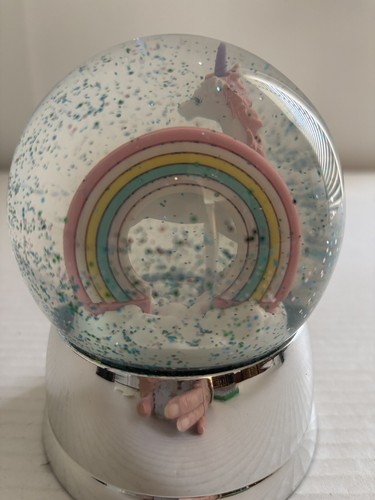 Unicorn Rainbow Snow Globe Lights Up Green and Silver Glitter Silver Base 6 " - Picture 4 of 10