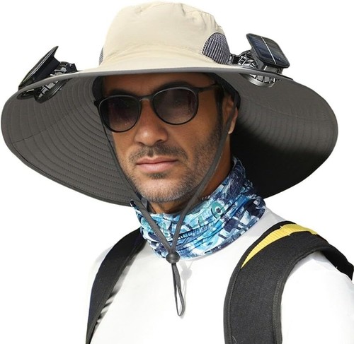 Sombrero de sol de ala ancha con 2 ventiladores solares, sombrero de pesca para hombre, ventilador con energía solar Fishi - Imagen 7 de 64