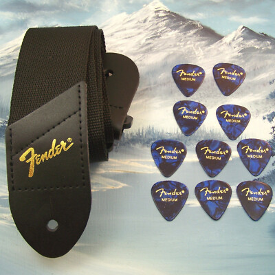GUITAR STRAP ~ GENUINE FENDER ~ BLACK w/ GOLD LOGO  + 10 MEDIUM BLUE 351 PICKS