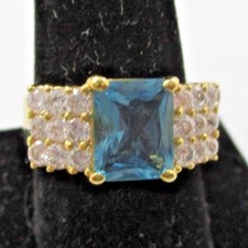 Gold Over STERLING SLVER Vermeil RING Blue Topaz Stone w/ Crystals Sz 9-3/4