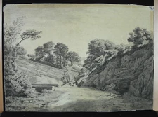 Drawing Original Charcoal Landscape Countryside c1900 17 5/16in Signature Tbd ?