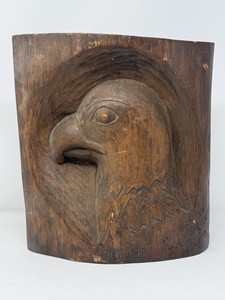 Vintage 1970 Folk Art Hand Carved Bald Eagle Head Wood Plaque Americana 12”