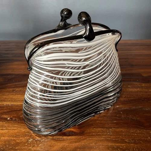 Vintage Hand Blown Art Glass Black & White Stripe Murano Style Glass Purse/Vase