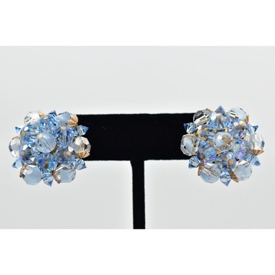 Laguna Vintage Clip On Crystal Earrings Blue Frost Cluster Signed Glam 1950s A24