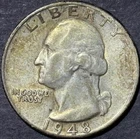 1948 WASHINGTON 90% SILVER QUARTER COIN