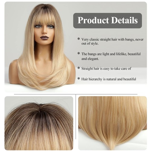 Ombre Blonde Long Straight Wig with Bangs Dark Root Long Hair With Bangs Natu... - Picture 2 of 8