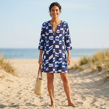 J.Crew Women Navy Blue Geometric Cotton Shift Dress Petite XS E8246 NEW