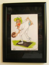 sporting cartoon of bowls player with an accident as preparing to bowl