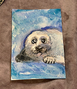 Original Small Modern Seal Painting in Blue Ocean Scene, Unframed ACEO