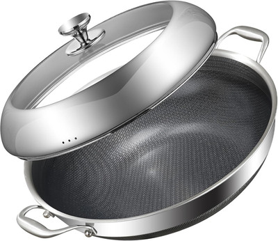 Tri-Ply Stainless Steel Wok Pan with Lid 14 Inch Non Stick,Woks & Stir-Fry Pans