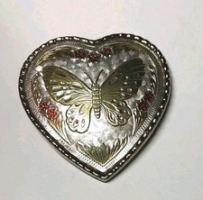 Vintage Heart Shaped Butterfly Belt Buckle USA Silver Gold Tone Engraved Western