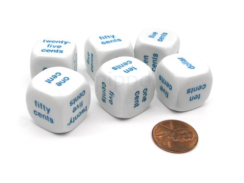 6er Pack 20 mm Pädagogisch Mathematik Geld Englisch Wort Würfel - Weiß mit blauen Wörtern - Bild 1 von 1