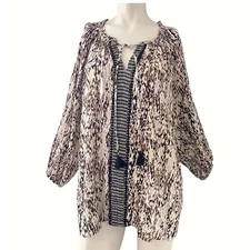 Casa Cabana Blouse Tunic Top XL Long Sleeve Tie Neck Abstract Hippie Boho Fairy