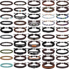 50 Pcs Braided Leather Bracelets for Men Women Wrap Wooden Bead Cuff Bracelet He