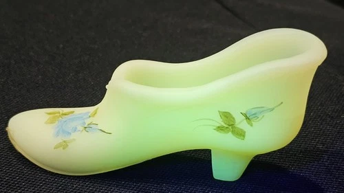 Vintage Sign Fenton Uranium Vaseline Glass Shoe Slipper Kathy MacKay