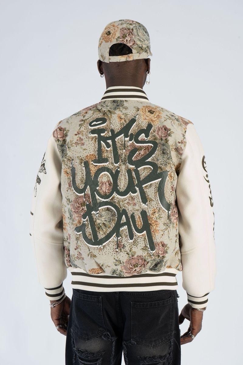 Men's Floral Varsity Jacket Embroidered Logo Snap Stand-Up Collar Cream