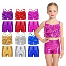 Kids Sparkly Sequined Tank Top Shiny Metallic Shorts Set Jazz Competition Dance