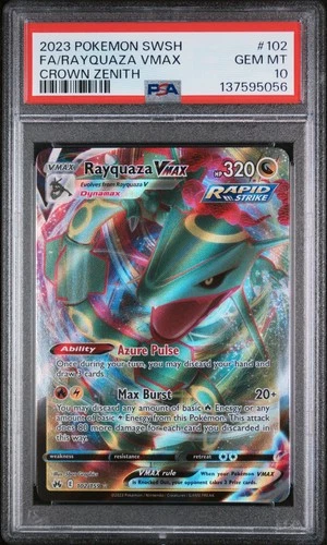 2023 POKEMON SWORD & SHIELD CROWN ZENITH #102 FULL ART/RAYQUAZA VMAX PSA 10