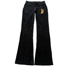 Vintage Juicy Couture Women's Black Velour Flared Leg Track Pant Dog Logo Size S