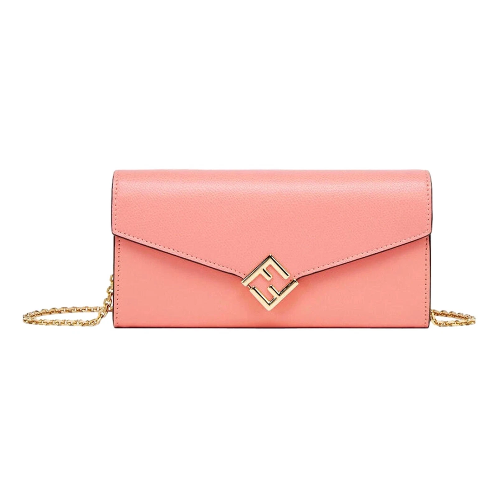 Fendi — Fendi FF Diamonds Pesca Pink Leather Wallet on Chain WOC Gold New