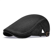 Men's Mesh Flat Cap, Breathable Summer Newsboy Hat, Adjustable Beret Ivy Black