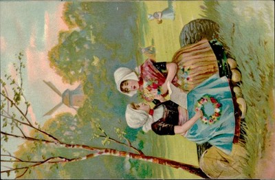 Postcard: Windmill and Young ladies