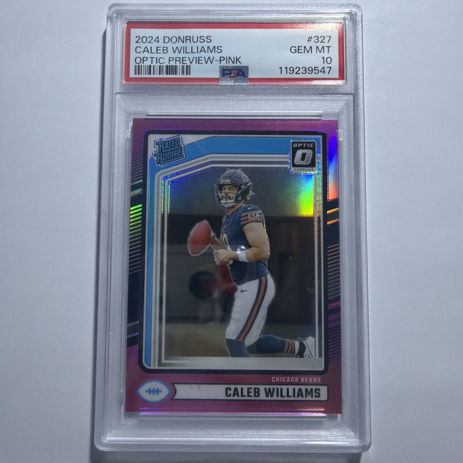 Panini 2024 Donruss Caleb Williams Rated Rookie Optic Preview Pink #327 PSA 10 view 1