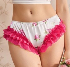 Glossy Floral Satin Flutter Ruffled Lace Leg Bikini Brief Panties L NEW