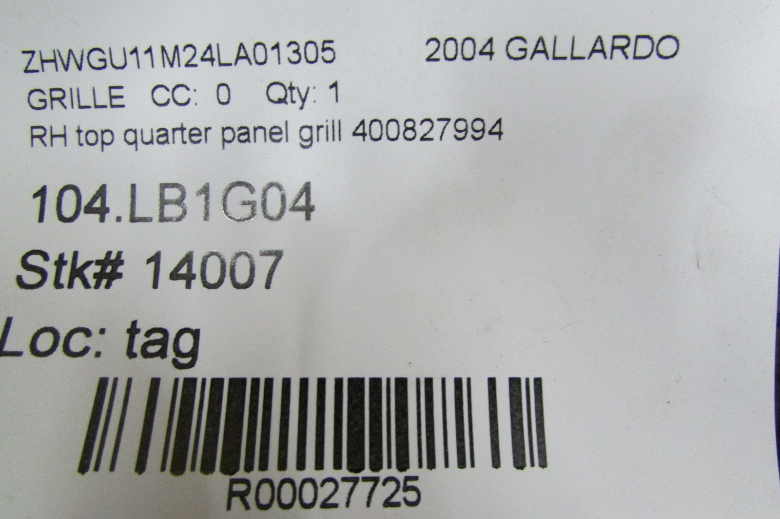 Lamborghini Gallardo, RH, Right Rear Quarter Panel Grill, Used, P/N 400827994