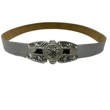 Vintage Y2K Gray Leather Belt Fancy Silver Medallion Hook Buckle Belt 34”