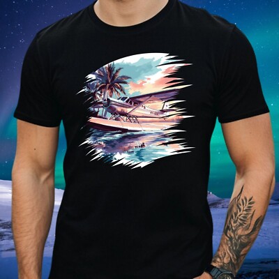 Men's Seaplane Palm Tree Print Cotton T-Shirt Size XS to 5XL
