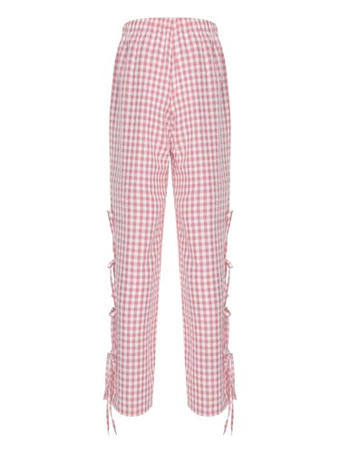 Womens Loungewear Loose Fit Long Pants Tie Trousers Wide Leg Plaid Drawstring - Picture 44 of 75