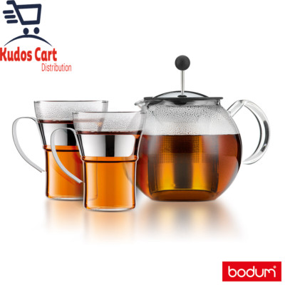 Bodum Assam Teepresse mit 2 Teegläsern Sieb Brühtopf klar Neu