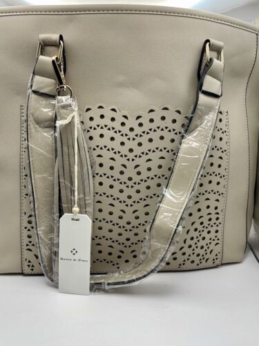 Ladies Shopper Bag Laser Cut Out Large Beige Taupe Faux Leather Shoulder - Picture 4 of 14