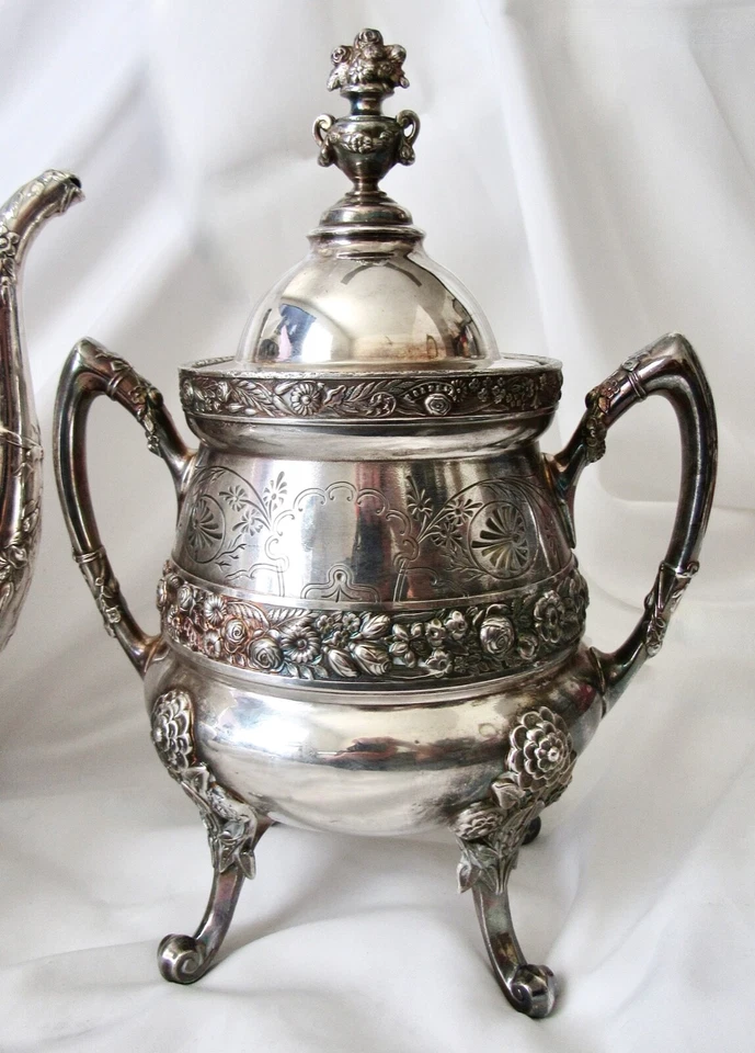 REED & BARTON 1876 prato de prata antigo vitoriano cafeteira/tigela de açúcar combinando - Imagem 3 de 4