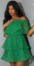 ❤ Prettylittlething Green Emerald Lace Ruffle Bardot Short Dress Size UK 10 M